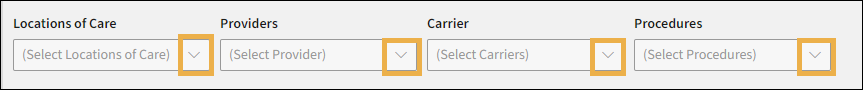 Encounter Detail filter options with yellow highlight boxes around the down arrow menu for the location, providers, carrier, and procedures options. 